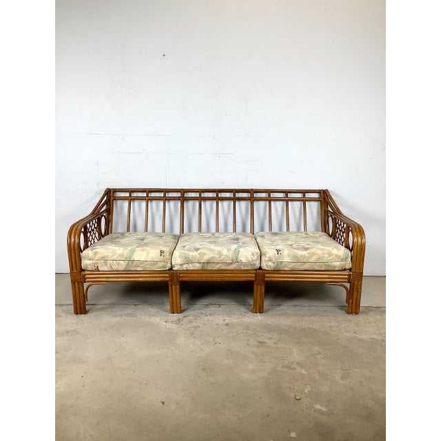Late 20th Century Vintage Rattan Three-Seat Sofa, Diamond Lattice Arms, Ficks Reed Style For Sale - Image 5 of 12