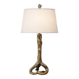 Late 20th Century Modern Sculptural Driftwood Sunlit Bronze Finish Table Lamp - With Linen Drum Shade For Sale