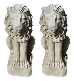 Two Tall Gray Architectural French Sitting Stone Concrete Lions, a Pair