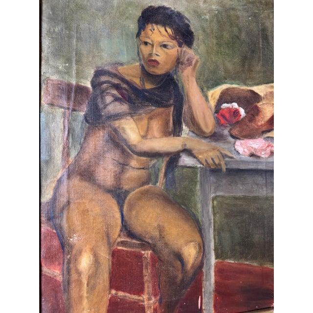 Wood 1960s Vintage Nude Woman Sitting – Oil on Canvas Painting, Framed For Sale - Image 7 of 11