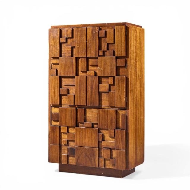 Mid-Century Modern Lane Staccato Brutalist Mid Century Walnut Highboy Armoire Dresser For Sale - Image 3 of 9