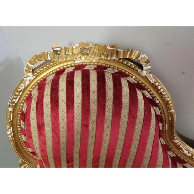 Antique French Striped Baroque Carved Giltwood Chairs and Sofa Set - Project For Sale - Image 12 of 12