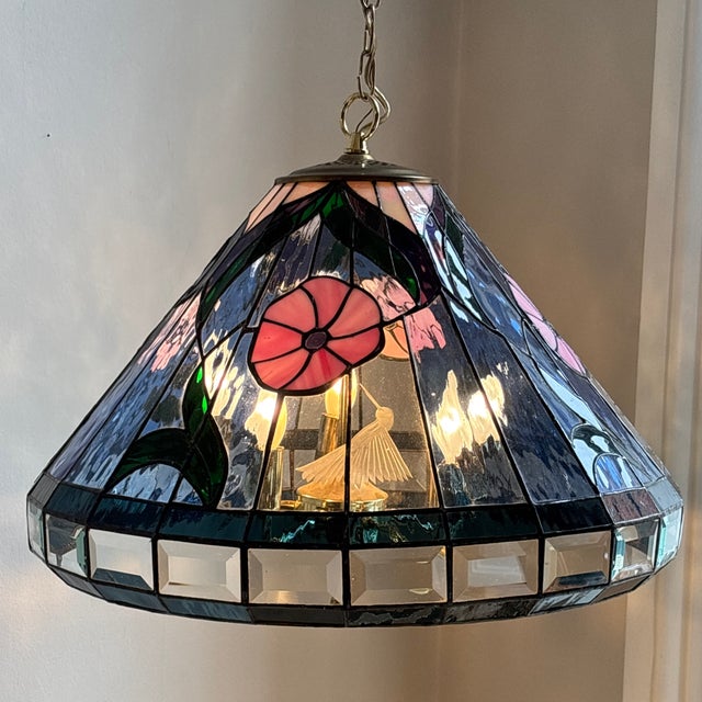Art Nouveau Vintage Tiffany-Inspired Stained Glass Hummingbird Pendant Lamp For Sale - Image 3 of 18