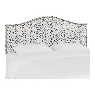 Twin Headboard in Linen Leopard Ink with Pewter Nails For Sale