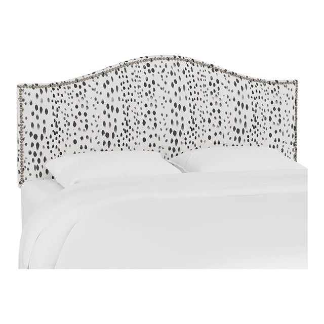 Twin Headboard in Linen Leopard Ink with Pewter Nails For Sale