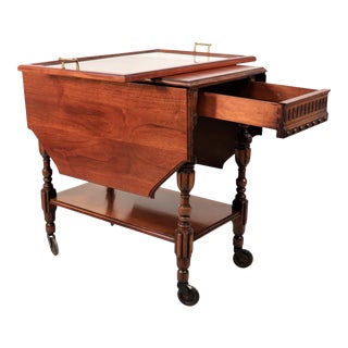 Circa 1920 Walnut Drop Leaf Table Tea Cart/Trolley With Removable Glass Tray For Sale