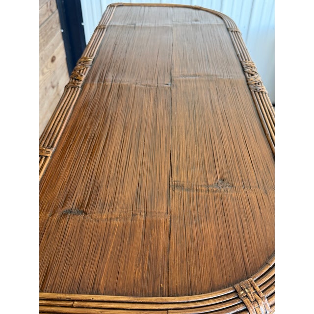 Paul Frankl Vintage Boho Coastal Rattan & Pencil Reed Rolling Bar Cabinet With Gallery Rail For Sale - Image 4 of 12