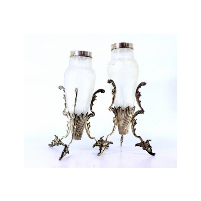 Silver and Frosted Glass Vases with Floral Reliefs, Applications and God-Shaped Cut-Out Feet, Set of 2, in Very Good...
