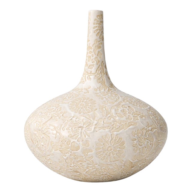 Late 20th Century Textured Botanical Relief Ceramic Bottle Vase in Soft White & Sand — Organic Modern Statement Form For Sale