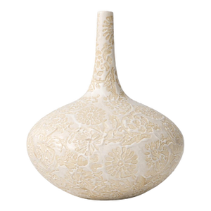 Late 20th Century Textured Botanical Relief Ceramic Bottle Vase in Soft White & Sand — Organic Modern Statement Form