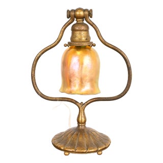 Tiffany Studios New York Bronze Doré Harp Favrile Iridescent Art Glass Desk Lamp For Sale