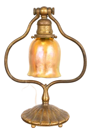 Tiffany Studios New York Bronze Doré Harp Favrile Iridescent Art Glass Desk Lamp