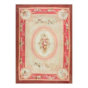 1880s Ivory Floral Medallion Antique French Aubusson Rug 9'3" X 13' Flatweave Wool Carpet