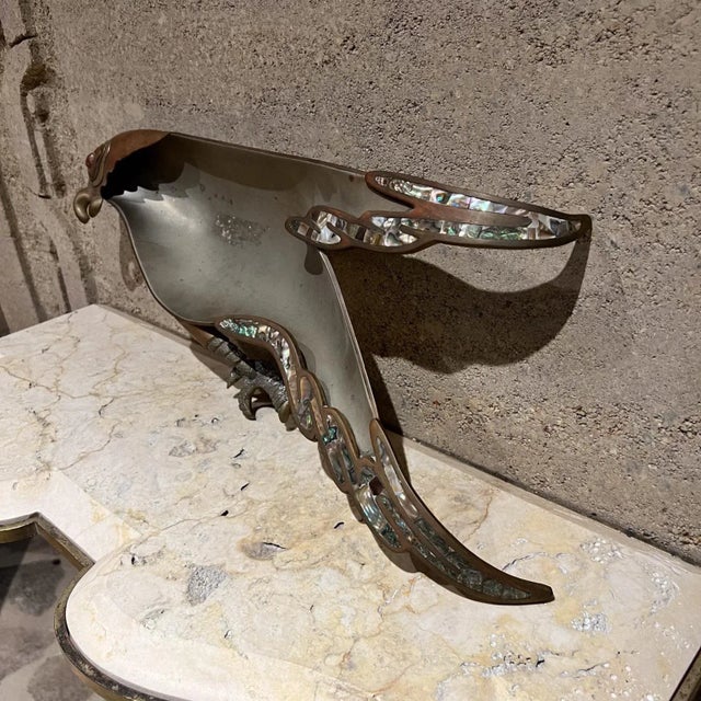 AMBIANIC presents Metal Parrot in handwrought mixed metals serving dish -decorative bowl. Agate stone and abalone inserts....