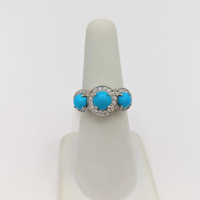 Turquoise Cabochon and White Diamond Three Stone Ring in Platinum, size 5.75 For Sale In Los Angeles - Image 6 of 7