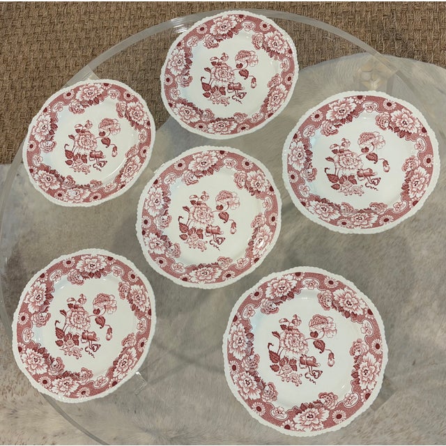Early 20th Century English Chinoiserie Style Red & White Dinner Plates "Cambridge" by Wood & Sons - Set of 6 For Sale - Image 5 of 18