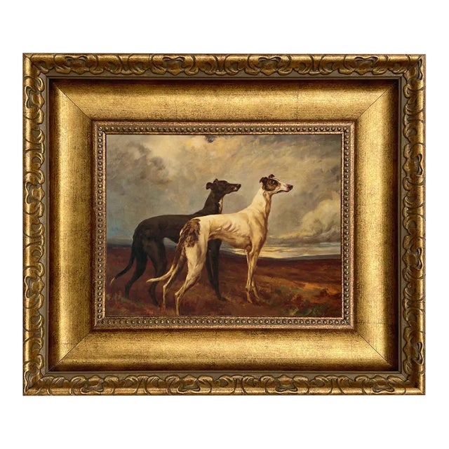 "Greyhounds in Field" Print on Canvas in Wide Antiqued Gold Frame- 8" X 10" Framed to a 14" X 16" For Sale