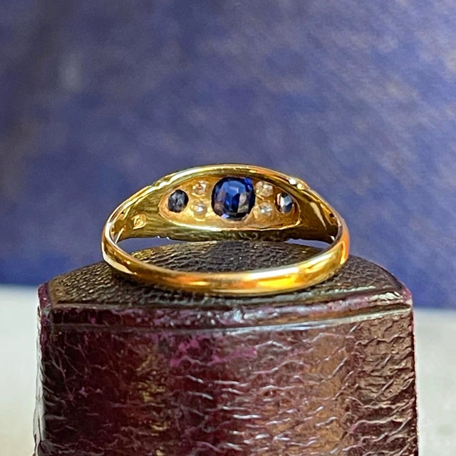 Metal Circa 1890 Victorian 18k Gold Sapphire and Diamond Boat Ring For Sale - Image 7 of 12