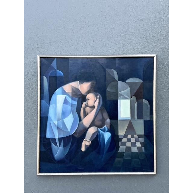 Mid-Century Modern Vintage Original Abstract Figurative Oil Painting of Mother and Child For Sale - Image 3 of 12