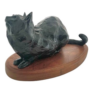 Cat Sculpture Bronze on Wood Base Feline Statue Signed and Numbered Vintage Gift For Sale