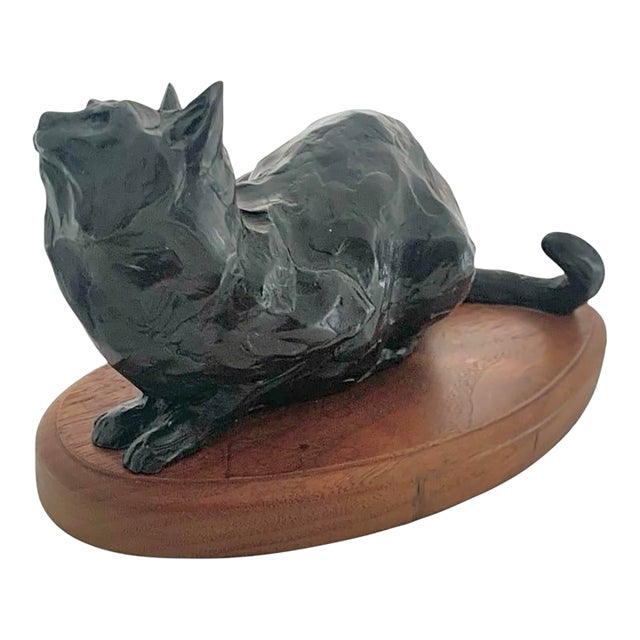 Cat Sculpture Bronze on Wood Base Feline Statue Signed and Numbered Vintage Gift For Sale