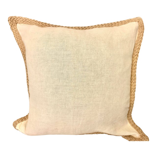 Pottery Barn 2012 Decorative Pillow 100% Linen Fabric Braided Jute Trim Ivory 20” X 20” For Sale