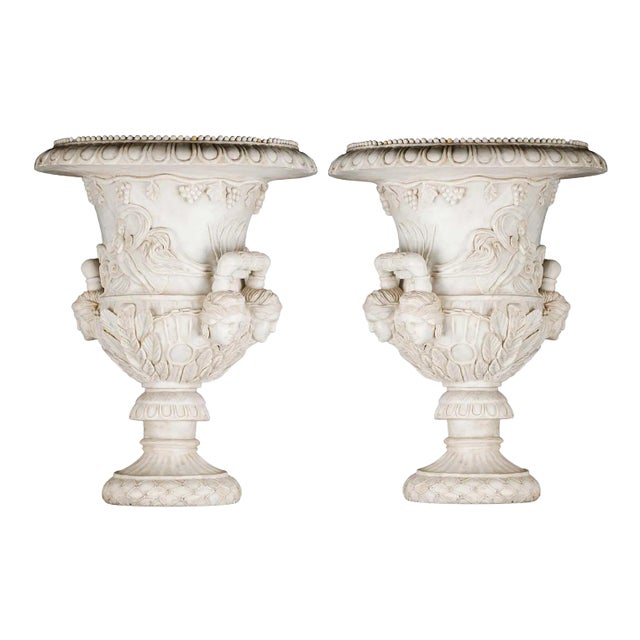 Pair of Late 18th Century Italian Palatial Garden Urns/Medici Vases With Carved Marble For Sale