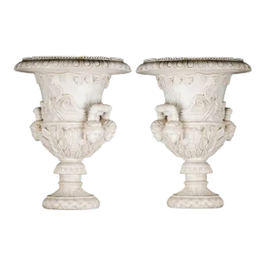Pair of Late 18th Century Italian Palatial Garden Urns/Medici Vases With Carved Marble