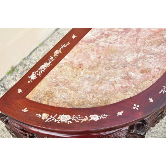 Brown Vintage Oriental Chinese Carved Hardwood Demilune Marble Top Console Hall Table For Sale - Image 8 of 11