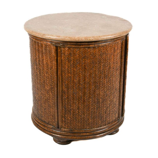 Coastal Woven Bamboo Cylinder Side Table With Travertine Top, Coastal Organic Style For Sale - Image 3 of 7