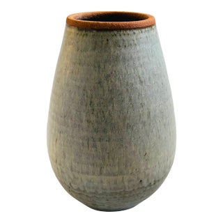 Large Gray Pottery Vase With Blue Interior For Sale