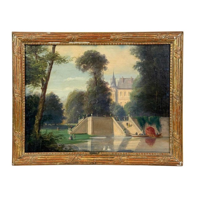 Late 19th century French School oil on board depicting a romanticized chateau landscape with figures, formal gardens, and...