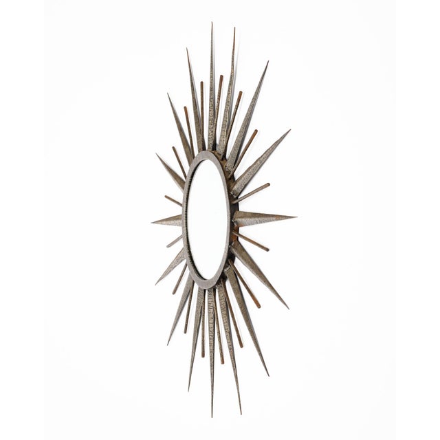 Silver French Mid-Century Modern Hand-Hammered Metal Sunburst Mirror, Circa 1960 For Sale - Image 8 of 9