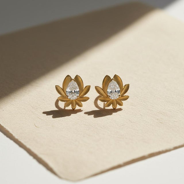 Sculptural Moissanite Lotus Stud Earrings. Textured Lotus Flower Stud Earrings with Pear-Cut Moissanites. Nature-Inspired...