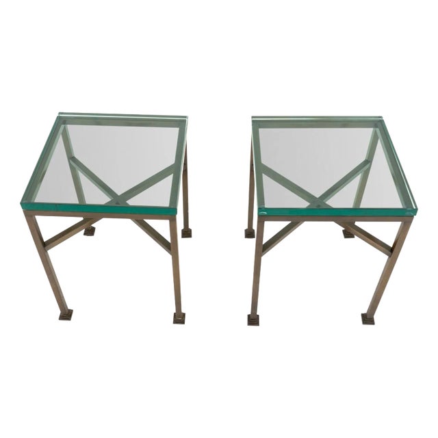Glass-Topped Metal Side Tables, Pair For Sale