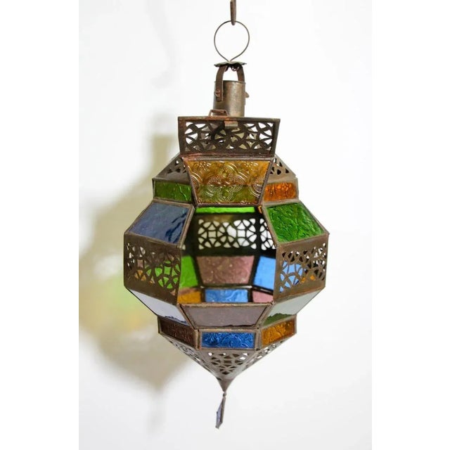 Metal Handcrafted Moroccan Metal and Multi-Color Glass Lantern Octagonal Diamond Shape For Sale - Image 7 of 13