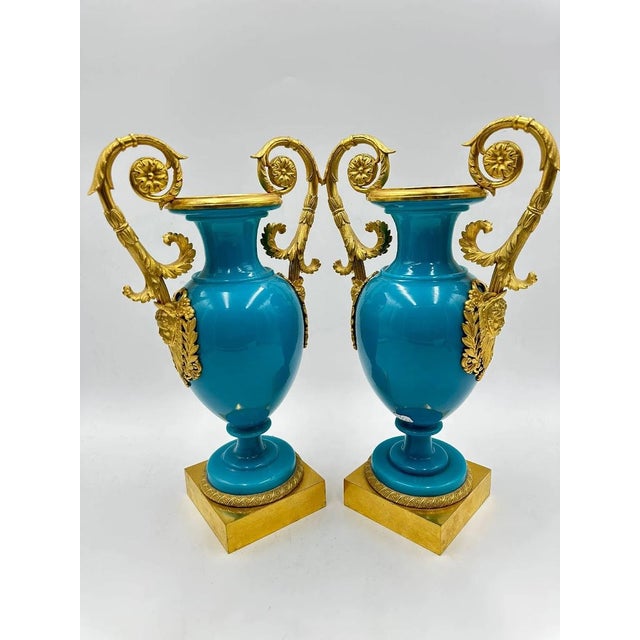 Antique Charles X French Vases in Blue Opaline and Gilded Bronze, Set of 2, in Flawless conditions. Designed before 1890