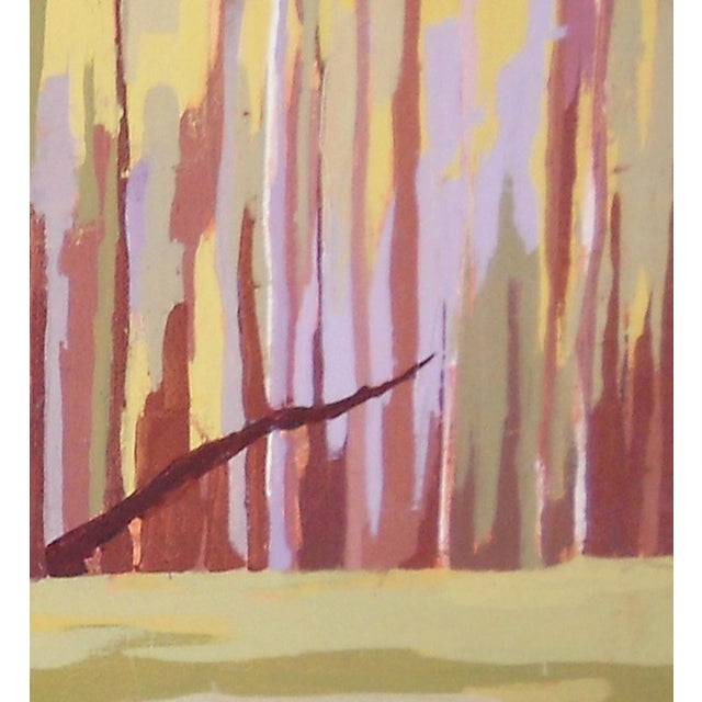 This oil painting captures a serene landscape, featuring a grove of trees that rise elegantly against a softly colored...