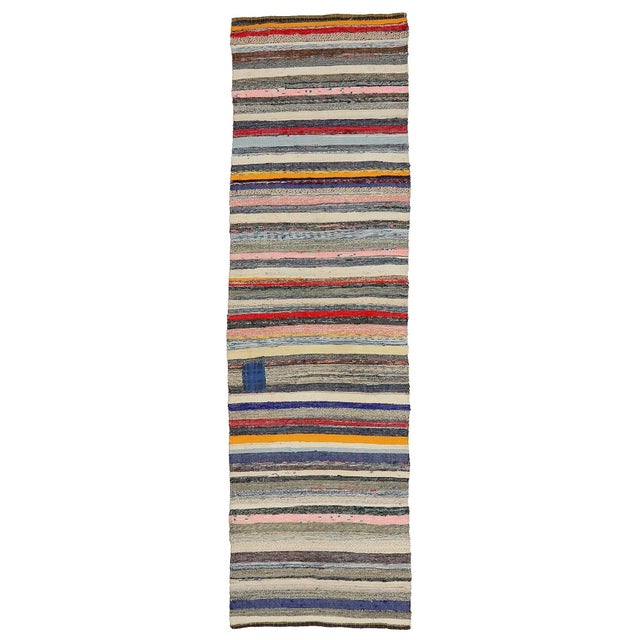 Textile Mid 20th Century Colorful Striped Vintage Rag Runner For Sale - Image 7 of 7