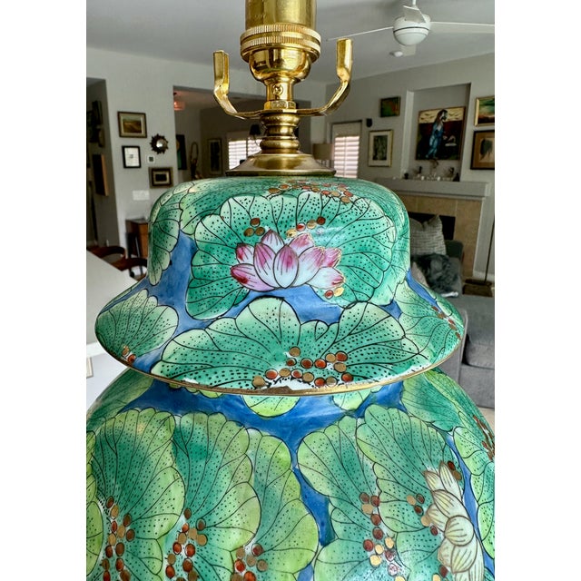 Single Chinese Green Lotus Flower Porcelain Table Lamp For Sale - Image 17 of 18