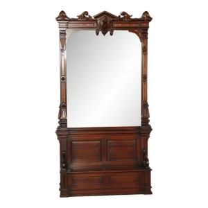 Late 19th Century Monumental American Victorian Renaissance Carved Walnut Hall Bench With Mirror