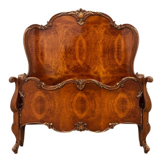 Antique French Louis XV Style Flame Mahogany Twin Bed Frame With Gilt Carved Accents For Sale