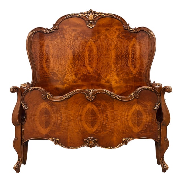 Antique French Louis XV Style Flame Mahogany Twin Bed Frame With Gilt Carved Accents For Sale