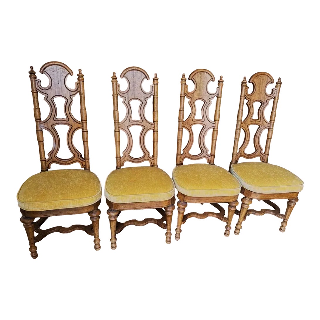 Drexel Jim Peed 1960s Spanish Style Pecan Wood Dining Chairs Set of 4