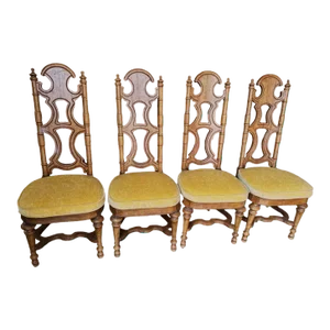 Jim Peed Drexel 1960s Spanish Style Pecan Wood Dining Chairs - Set of 4