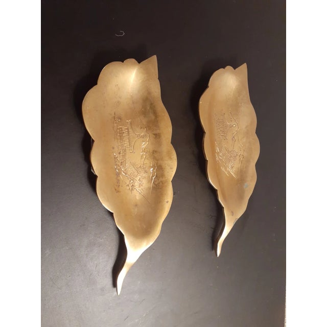 1980s Pair of Vintage Etched Brass Leaf Trinket Holders For Sale - Image 5 of 6