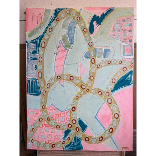 Large Contemporary Abstract Acrylic Painting – Pink, Teal & Circular Motif For Sale - Image 10 of 11