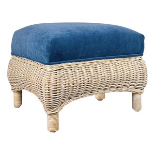 Vintage 70s Coastal Natural Wicker Blue Suede Footstool Ottoman For Sale
