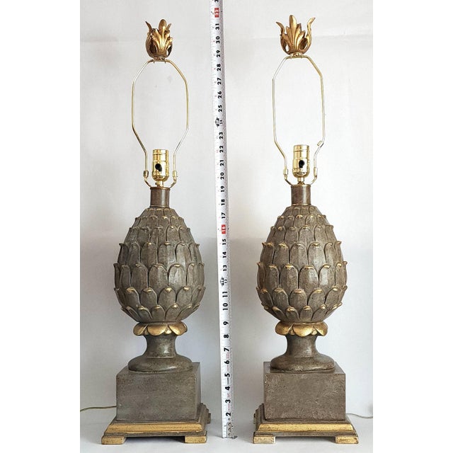Christopher Spitzmiller, Inc Lamp Pair Large Artichokes Finials Restored For Sale - Image 4 of 11