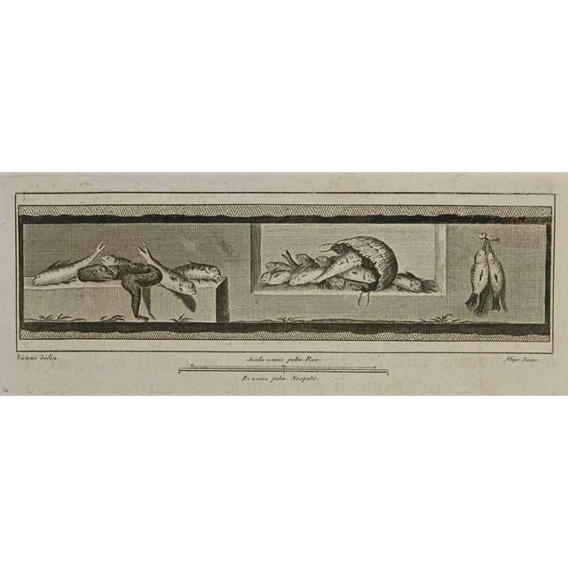 Ancient roman still life from the series "antiquities of herculaneum", is an etching on paper realized by giuseppe aloja...